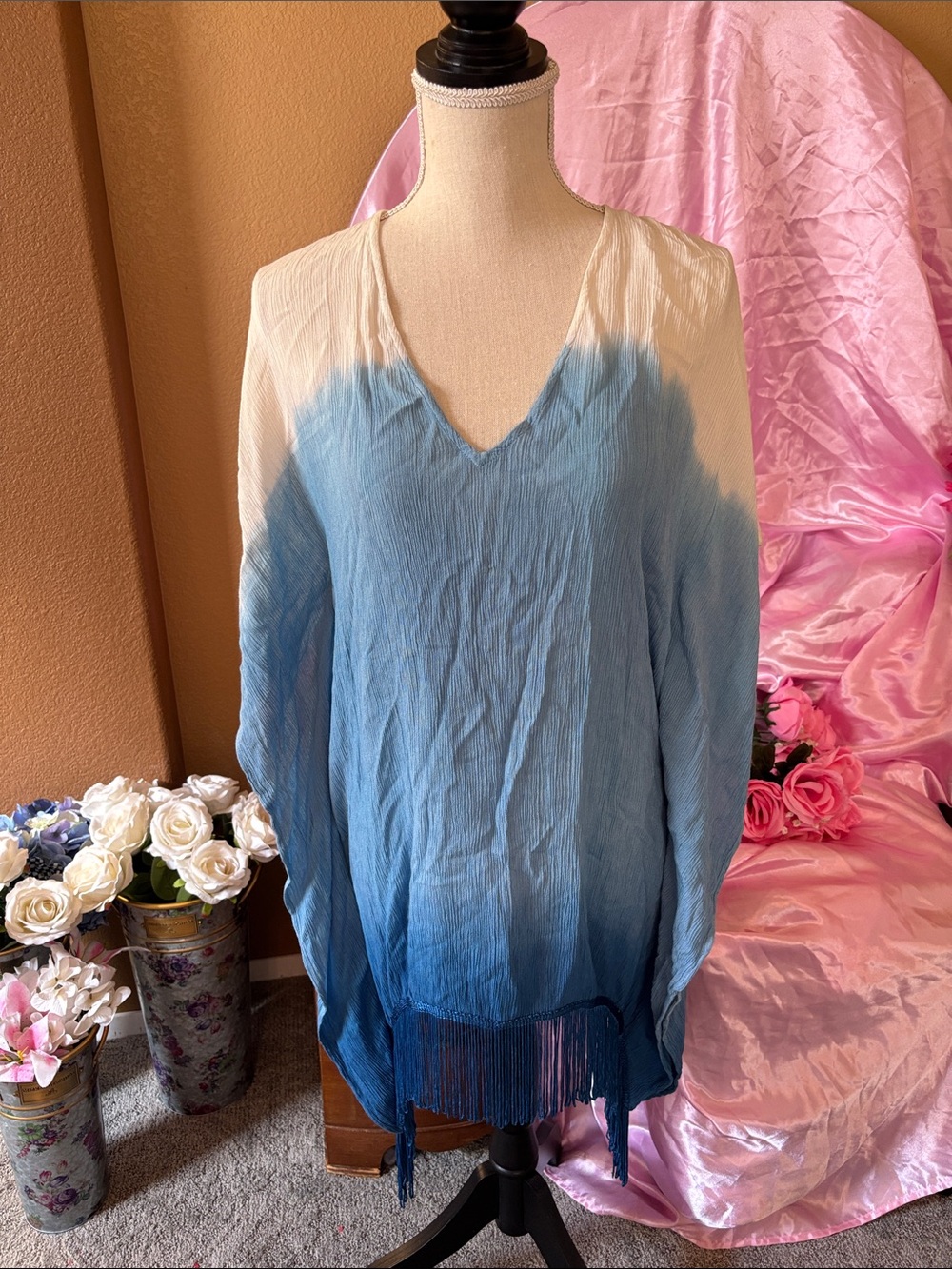Blue Ombre V-Neck Fringe swim cover-up